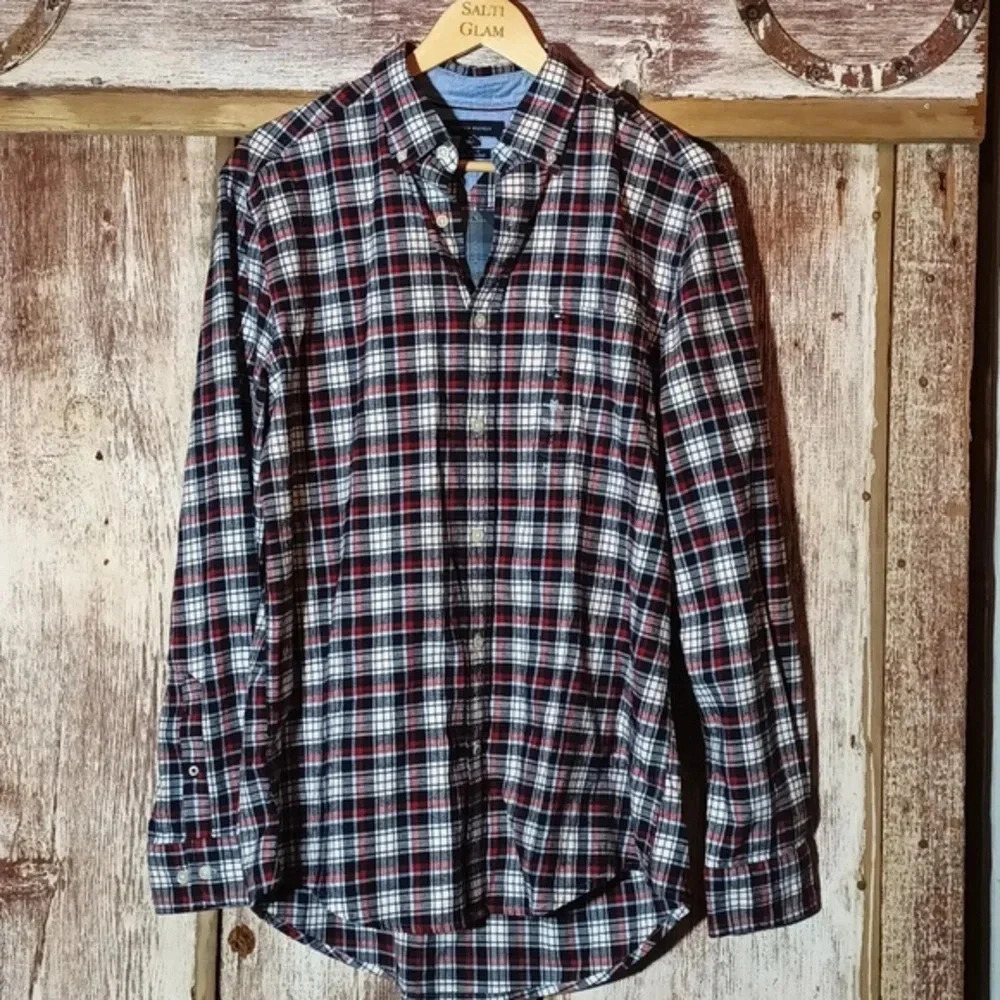 Tommy Hilfiger men's plaid flannel cotton/elastin classic fit button down medium - Picture 2 of 14